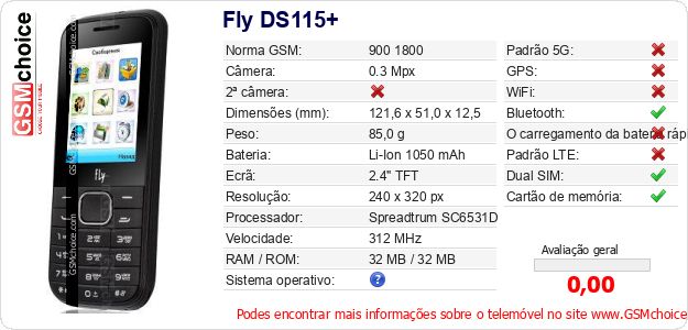 Fly DS115+ Especificações técnicas do telemóvel 
