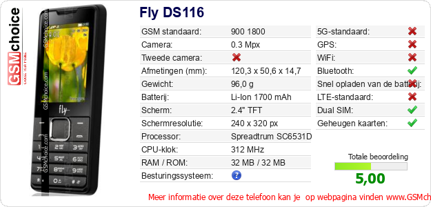 Fly DS116 Technische gegevens Fly DS116 Technische gegevens