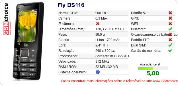 Fly DS116 Especificações técnicas do telemóvel 