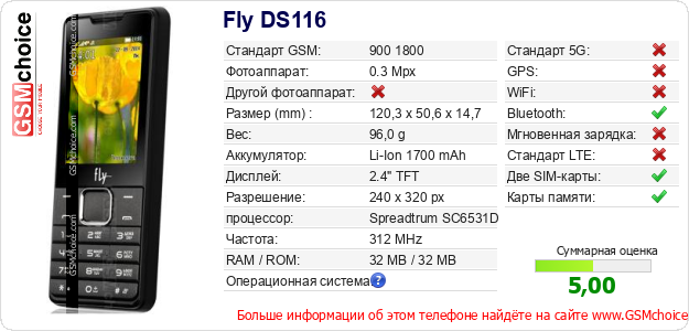 Fly DS116 Технические данные телефона Fly DS116 Технические данные телефона
