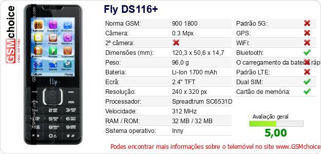 Fly DS116+ Especificações técnicas do telemóvel Fly DS116+ Especificações técnicas do telemóvel