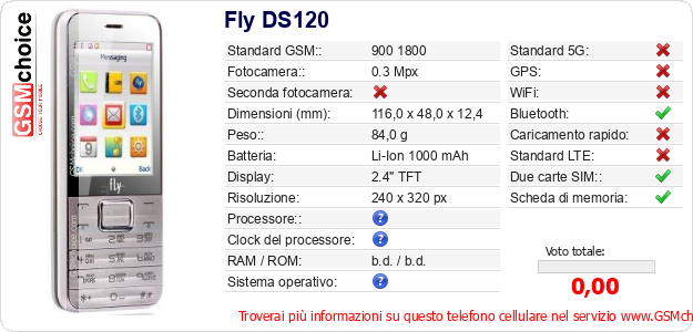 Fly DS120 Dati tecnici di telefono cellulare Fly DS120 Dati tecnici di telefono cellulare