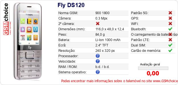 Fly DS120 Especificações técnicas do telemóvel Fly DS120 Especificações técnicas do telemóvel