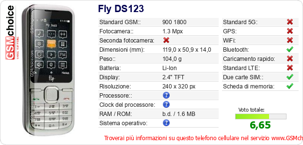Fly DS123 Dati tecnici di telefono cellulare Fly DS123 Dati tecnici di telefono cellulare