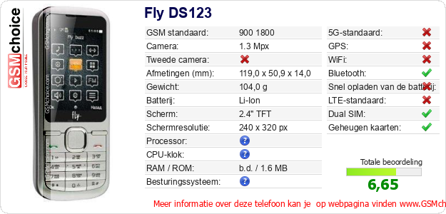 Fly DS123 Technische gegevens Fly DS123 Technische gegevens