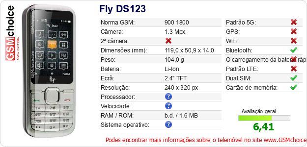 Fly DS123 Especificações técnicas do telemóvel Fly DS123 Especificações técnicas do telemóvel