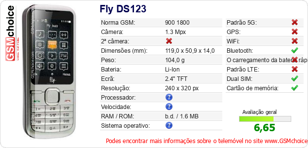 Fly DS123 Especificações técnicas do telemóvel 