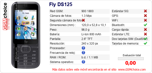 Fly DS125 Datos técnicos del móvil 
