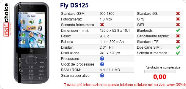 Fly DS125 Dati tecnici di telefono cellulare 