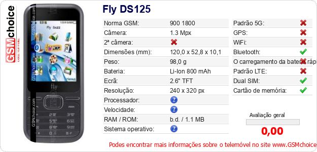 Fly DS125 Especificações técnicas do telemóvel Fly DS125 Especificações técnicas do telemóvel