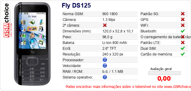 Fly DS125 Especificações técnicas do telemóvel Fly DS125 Especificações técnicas do telemóvel