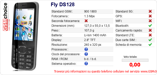 Fly DS128 Dati tecnici di telefono cellulare Fly DS128 Dati tecnici di telefono cellulare