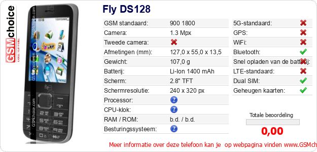 Fly DS128 Technische gegevens Fly DS128 Technische gegevens