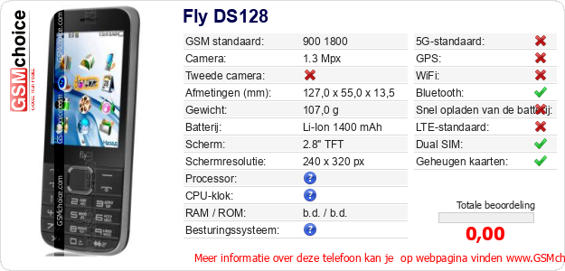 Fly DS128 Technische gegevens 