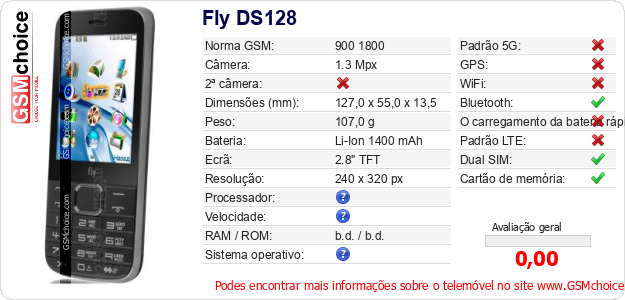 Fly DS128 Especificações técnicas do telemóvel Fly DS128 Especificações técnicas do telemóvel