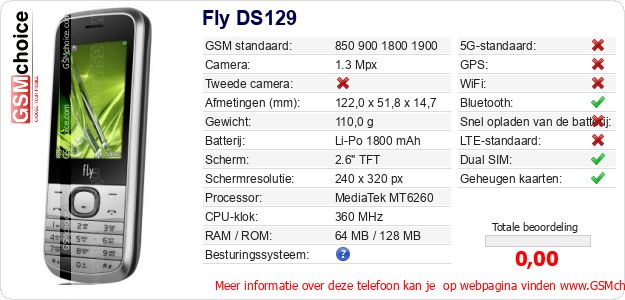 Fly DS129 Technische gegevens Fly DS129 Technische gegevens