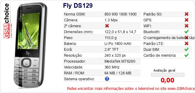 Fly DS129 Especificações técnicas do telemóvel Fly DS129 Especificações técnicas do telemóvel