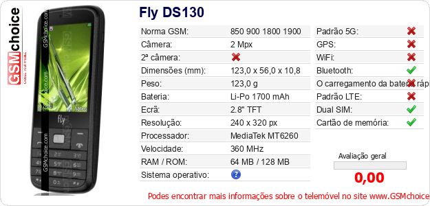Fly DS130 Especificações técnicas do telemóvel 