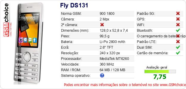 Fly DS131 Especificações técnicas do telemóvel 