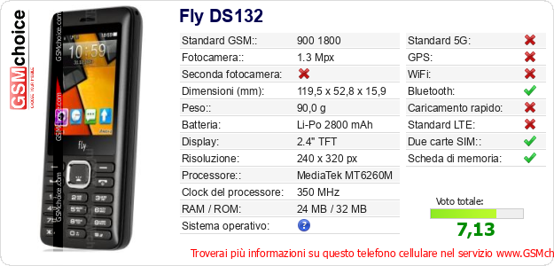 Fly DS132 Dati tecnici di telefono cellulare Fly DS132 Dati tecnici di telefono cellulare