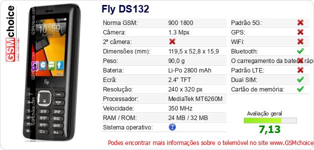 Fly DS132 Especificações técnicas do telemóvel Fly DS132 Especificações técnicas do telemóvel