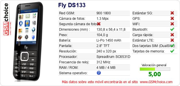 Fly DS133 Datos técnicos del móvil 
