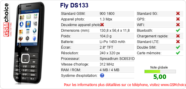Fly DS133 Fiche technique Fly DS133 Fiche technique