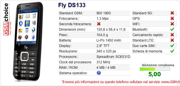 Fly DS133 Dati tecnici di telefono cellulare 