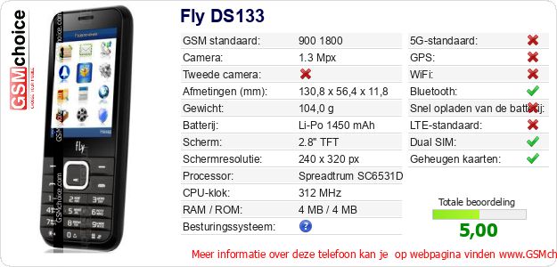 Fly DS133 Technische gegevens Fly DS133 Technische gegevens