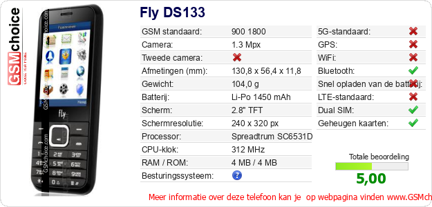 Fly DS133 Technische gegevens 