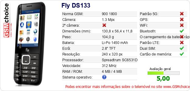 Fly DS133 Especificações técnicas do telemóvel 