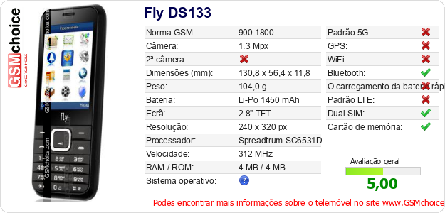 Fly DS133 Especificações técnicas do telemóvel 