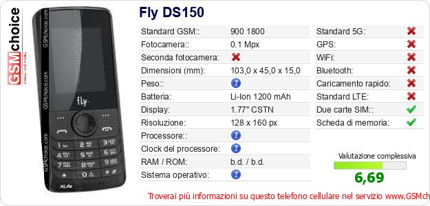 Fly DS150 Dati tecnici di telefono cellulare Fly DS150 Dati tecnici di telefono cellulare