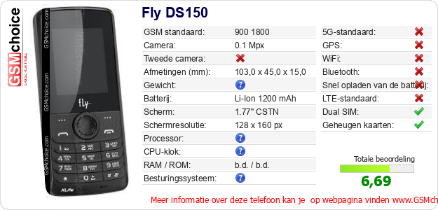 Fly DS150 Technische gegevens Fly DS150 Technische gegevens