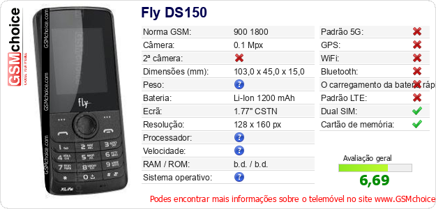 Fly DS150 Especificações técnicas do telemóvel 