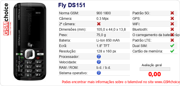 Fly DS151 Especificações técnicas do telemóvel 