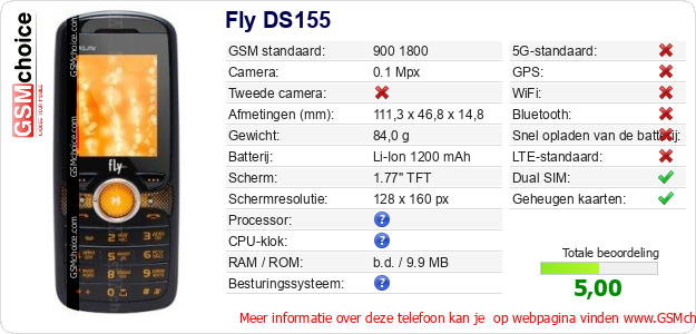 Fly DS155 Technische gegevens Fly DS155 Technische gegevens