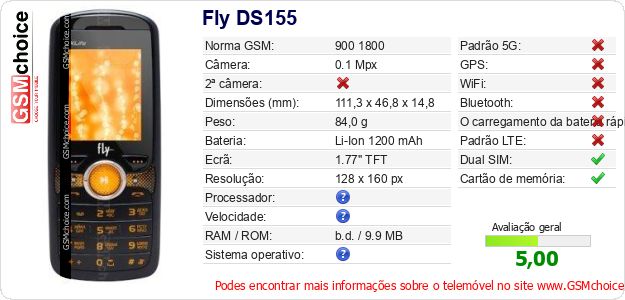 Fly DS155 Especificações técnicas do telemóvel Fly DS155 Especificações técnicas do telemóvel