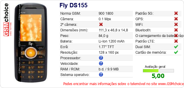Fly DS155 Especificações técnicas do telemóvel Fly DS155 Especificações técnicas do telemóvel