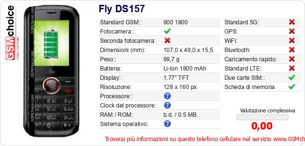 Fly DS157 Dati tecnici di telefono cellulare 