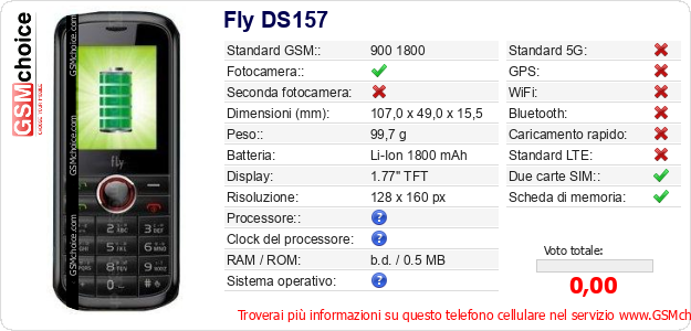Fly DS157 Dati tecnici di telefono cellulare Fly DS157 Dati tecnici di telefono cellulare