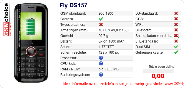 Fly DS157 Technische gegevens Fly DS157 Technische gegevens