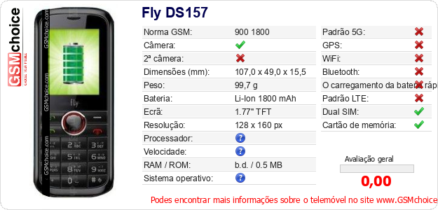 Fly DS157 Especificações técnicas do telemóvel 