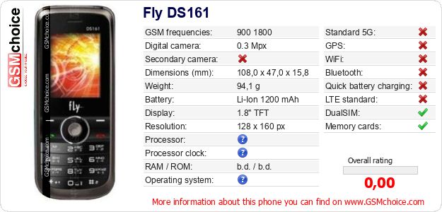 Fly DS161 technical specifications Fly DS161 technical specifications