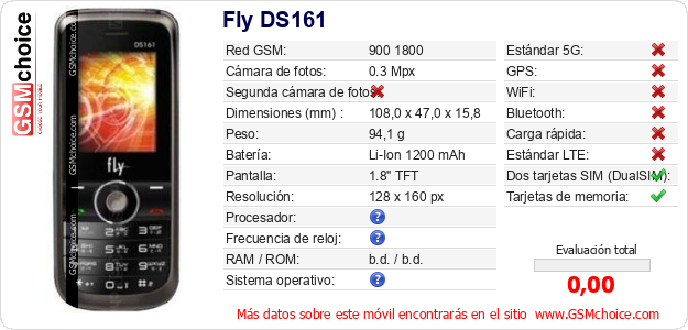 Fly DS161 Datos técnicos del móvil Fly DS161 Datos técnicos del móvil
