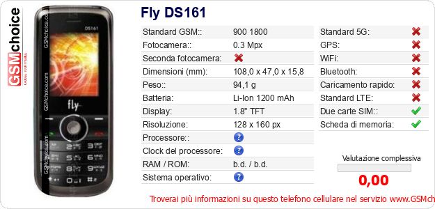 Fly DS161 Dati tecnici di telefono cellulare Fly DS161 Dati tecnici di telefono cellulare