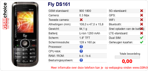 Fly DS161 Technische gegevens Fly DS161 Technische gegevens