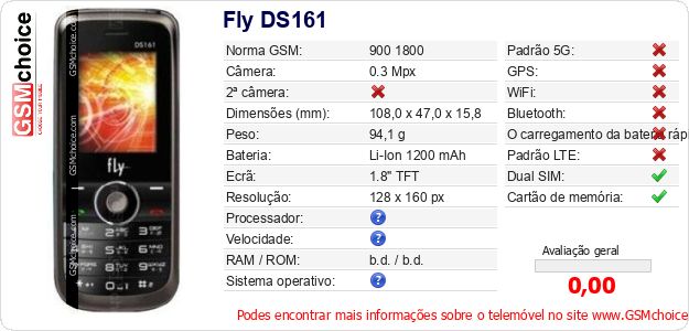 Fly DS161 Especificações técnicas do telemóvel Fly DS161 Especificações técnicas do telemóvel
