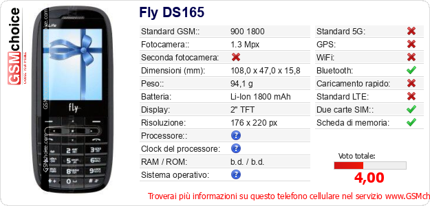 Fly DS165 Dati tecnici di telefono cellulare 