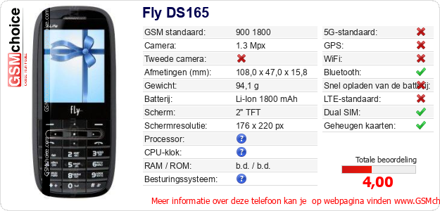 Fly DS165 Technische gegevens Fly DS165 Technische gegevens